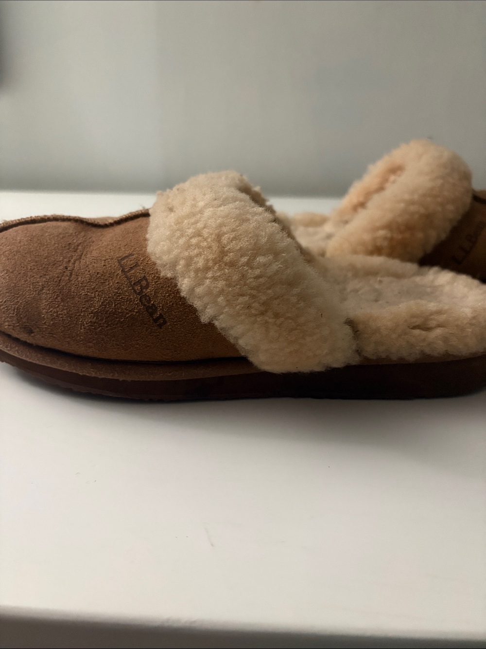 L.L. Bean Tan Suede Shearling-Lined Slip-On Slippers